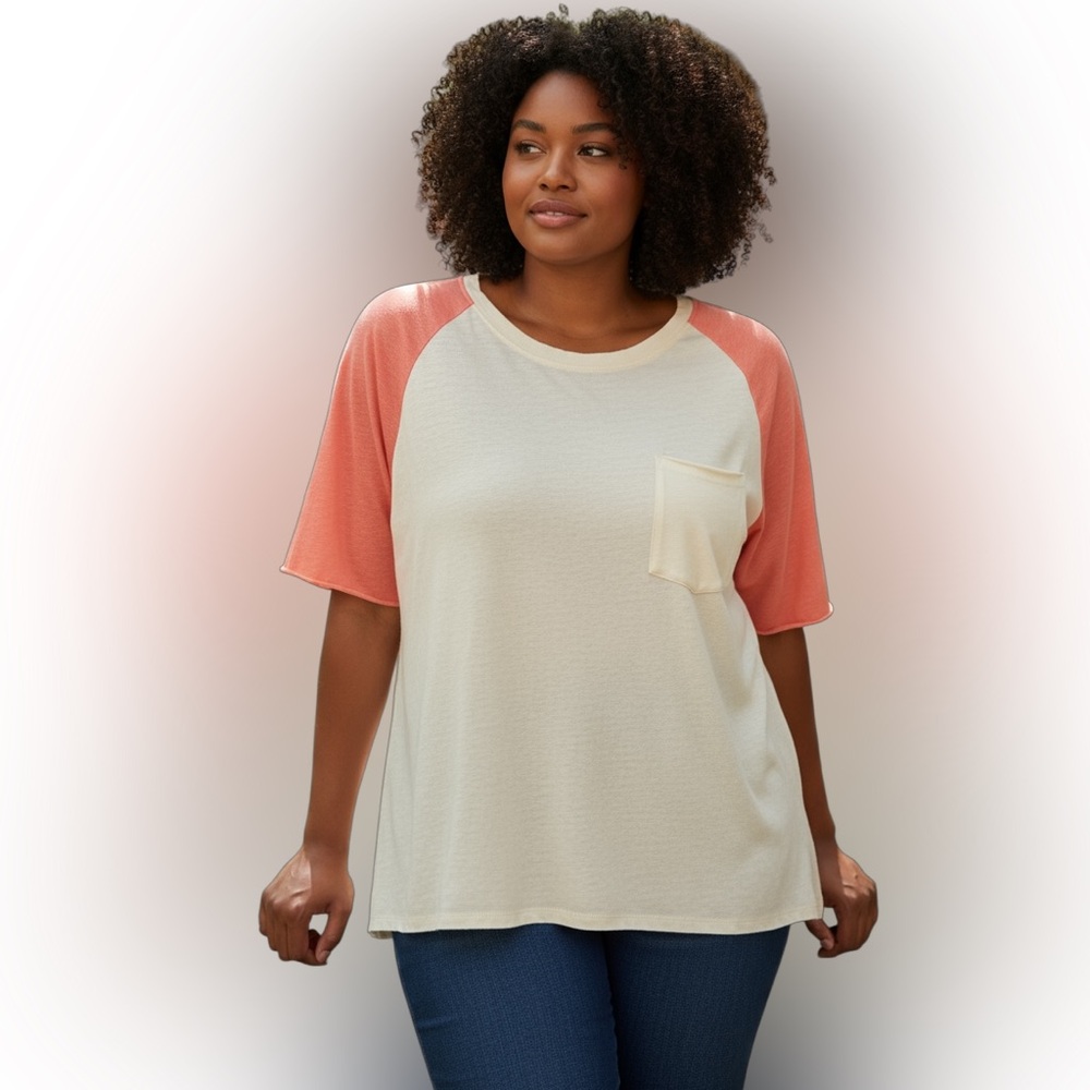 POL Women's Cream and Coral Short Sleeve Casual Pullover Tee Size Large